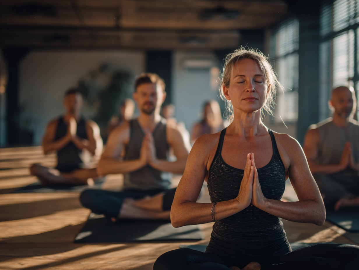 Жінка практикує йогу на природі в позі дерева