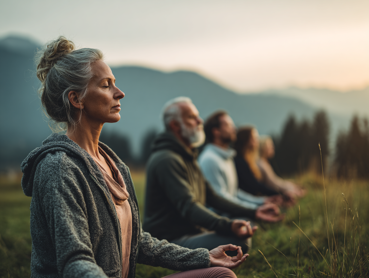 Група людей різного віку медитує в йога-студії